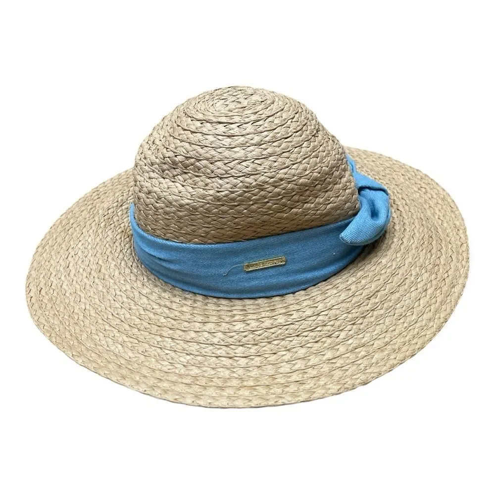 Vince Camuto Tan Straw Sun Hat with Blue Ribbon Size S/M